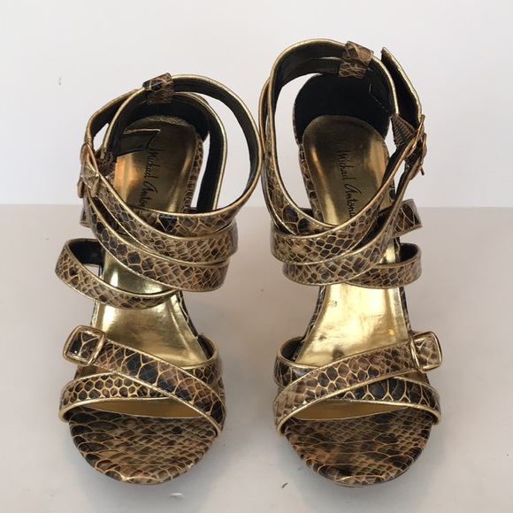 Michael Antonio Strappy Snakeskin Print Stiletto Heels EUC - Picture 1 of 6